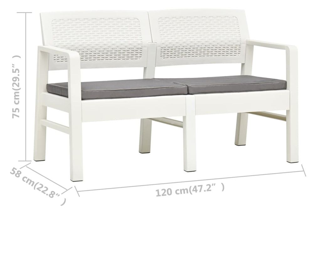 Vrtna klupa s 2 sjedala s jastucima, bijela, 120 cm, plastika - 7