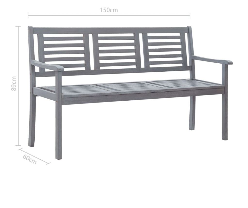 Vrtna klupa s 3 sjedala, siva, 150 cm, masivno eukaliptusovo drvo - 7