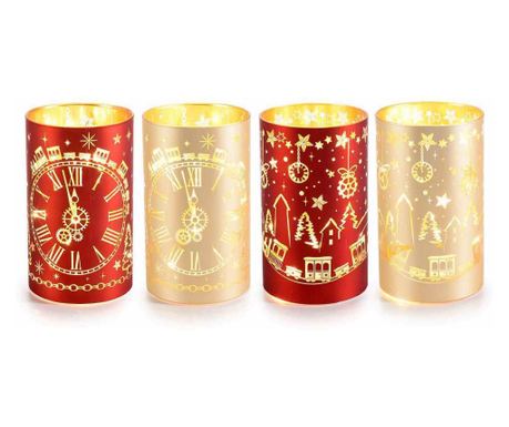 Set od 4 božićne svijeće Staklo Crvena Zlatna s LED 9x15 cm