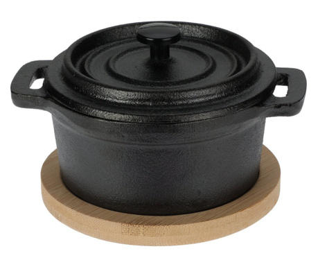 Oala servire tapas Excellent Houseware, fonta/bambus, 10x7.5 cm, 270 ml, negru/maro