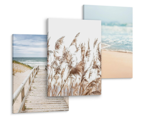 Set 3 Tablouri Decorative Peisaj Plaja si mare, Boho Grass, Dig de lemn 90x40cm  C90-40-3X30-40