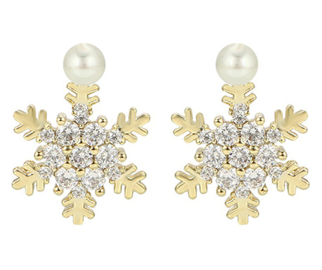 Cercei Snowflake cu perla mica si cu pietre zirconiu, placati cu aur de 14K