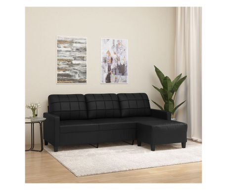 3-местен диван и табуретка, черен, 180 см, еко кожа