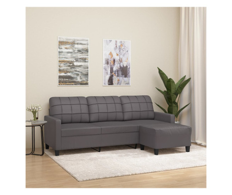 3-местен диван и табуретка, сив, 180 см, еко кожа