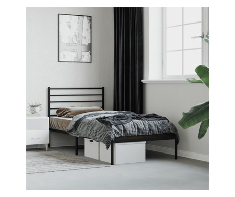 Cadru de pat metalic cu tăblie, negru, 75x190 cm