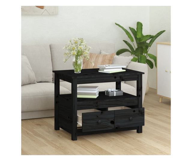 Măsuță de cafea, negru, 71x49x55 cm, lemn masiv de pin