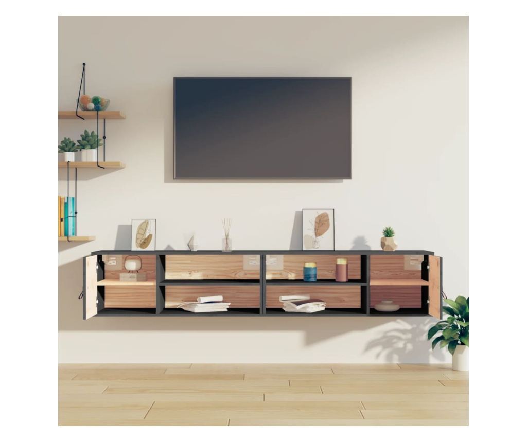Ντουλάπια τοίχου 2 τεμ., Γκρι, 80x30x30 εκ., Μασίφ ξύλο πεύκου - 3