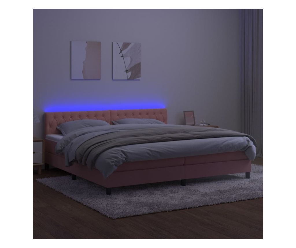 Легло с пружини, матрак и LED осветление, розово, 200x200 см, кадифе - 4