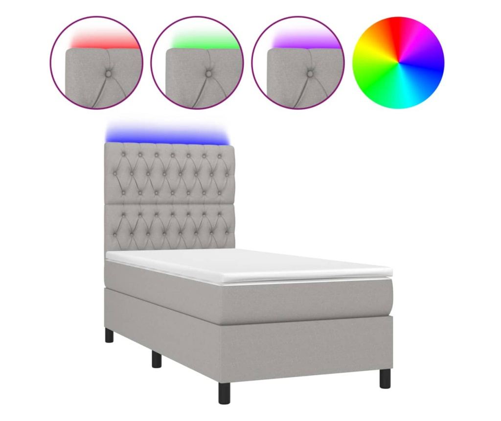 Легло с пружини, матрак и LED осветление, светло сиво, 100x200 см, текстил - 2
