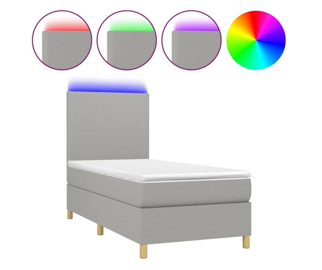 Легло с пружини, матрак и LED осветление, светло сиво, 90x200 см, текстил - 2
