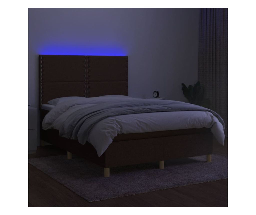 Легло с пружини, матрак и LED осветление, тъмнокафяво, 140x200 см, текстил - 4
