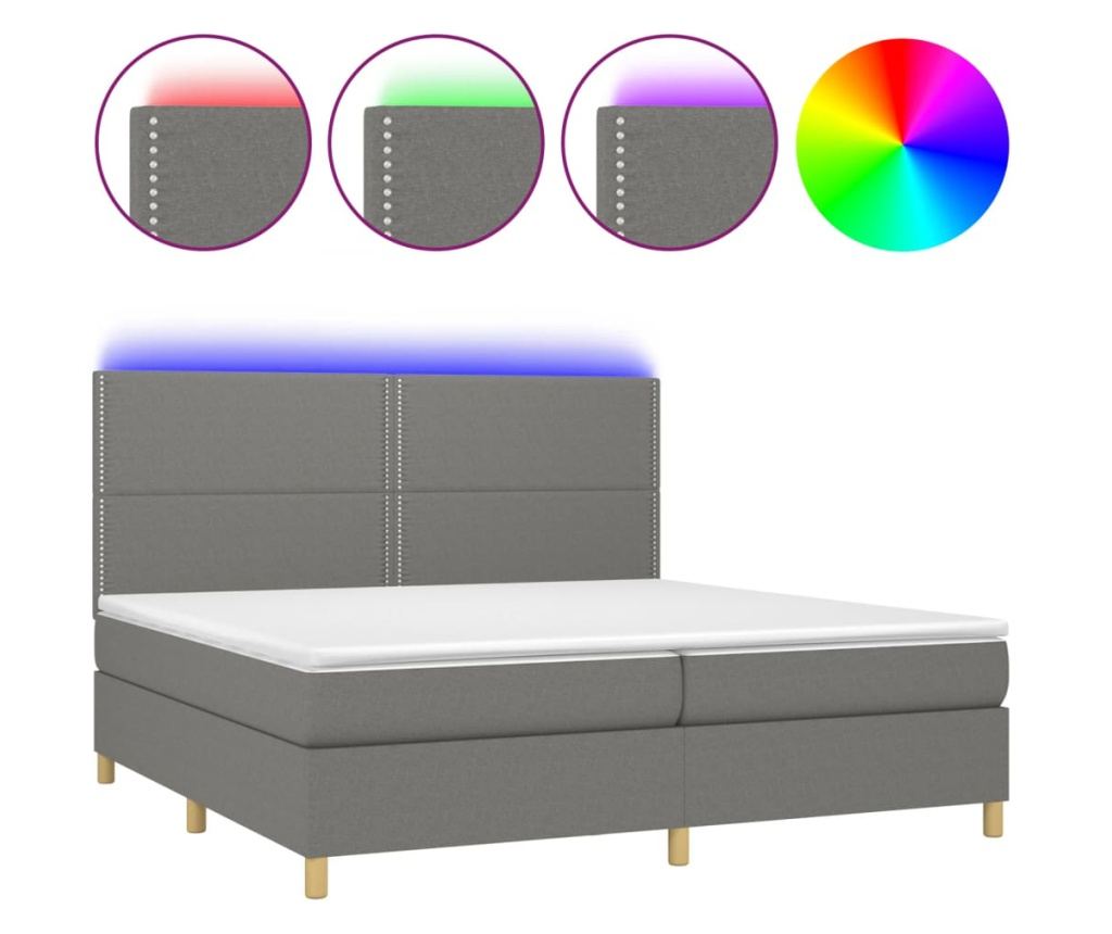 Легло с пружини, матрак и LED осветление, тъмно сиво, 200x200 см, текстил - 2