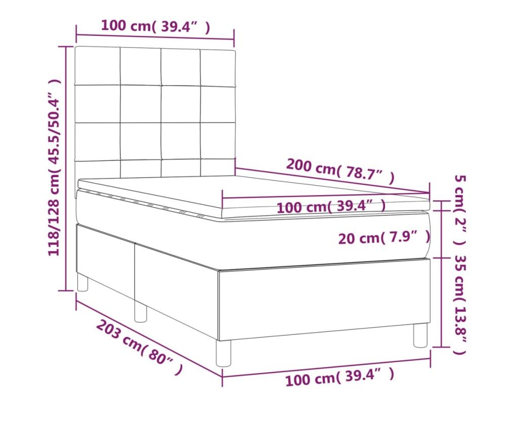 Пружинен спален комплект с матрак и LED, таупе сиво, 100x200 см, текстил - 8