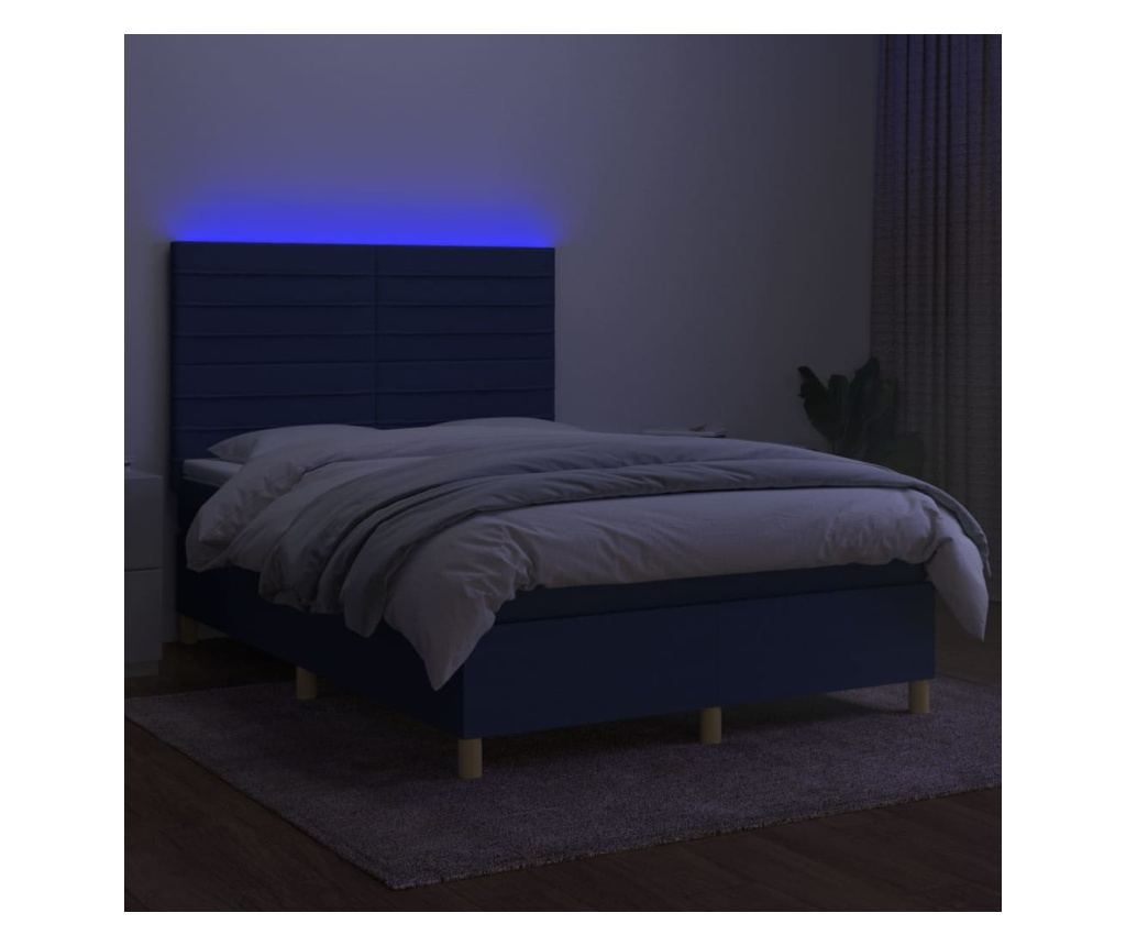 Легло с пружини, матрак и LED осветление, синьо, 140x200 см, текстил - 4