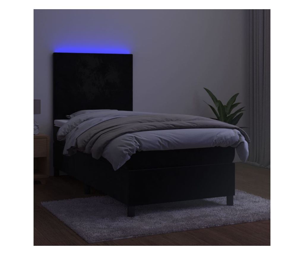 Легло с пружини, матрак и LED осветление, черно, 90x200 см, кадифе - 4