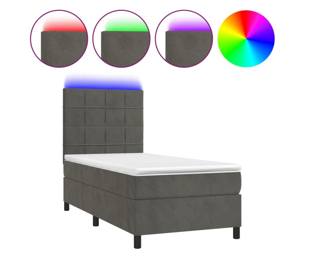 Легло с пружини, матрак и LED, тъмно сиво, 90x200 см, кадифе - 2