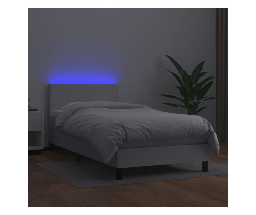 Легло с пружини, матрак и LED, бяло, 100x200 см, еко кожа - 4