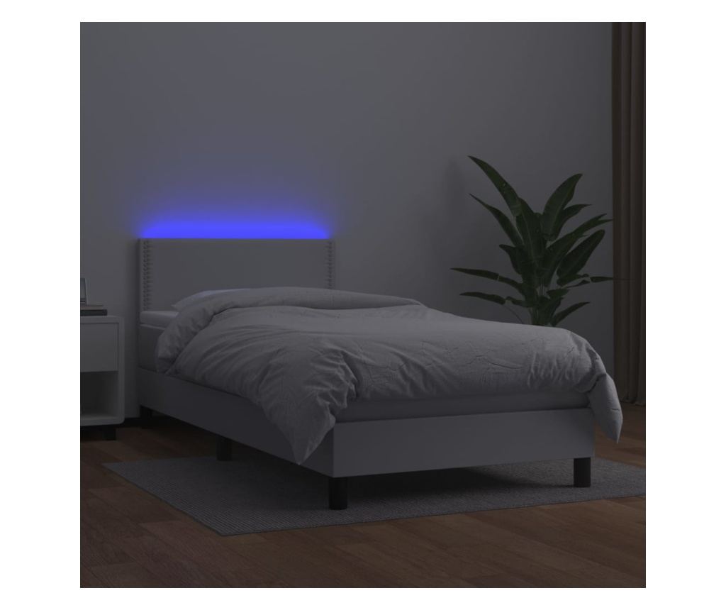 Легло с пружини, матрак и LED, бяло, 100x200 см, еко кожа - 4