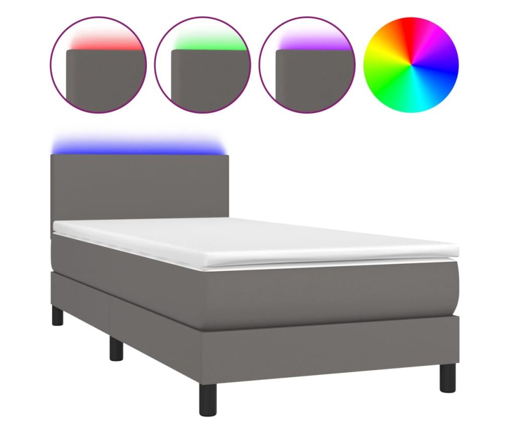 Легло с пружини, матрак и LED осветление, сиво, 90x200 см, еко кожа - 2