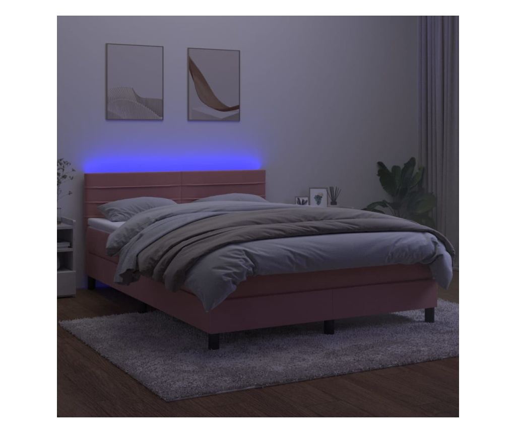 Легло с пружини, с матрак и LED, розово, 140x190 см кадифе - 4