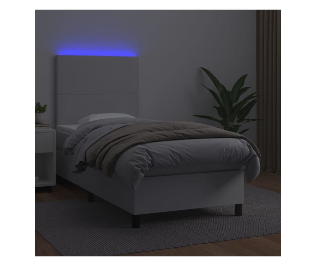 Легло с пружини, матрак и LED, бяло, 100x200 см, еко кожа - 4