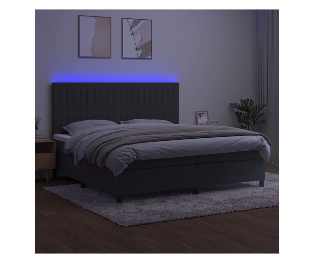 Легло с пружини, матрак и LED, тъмно сиво, 200x200 см, кадифе - 4