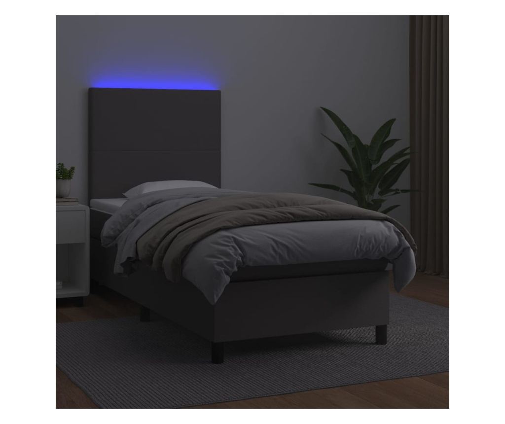 Легло с пружини, матрак и LED, сиво, 100x200 см, еко кожа - 4