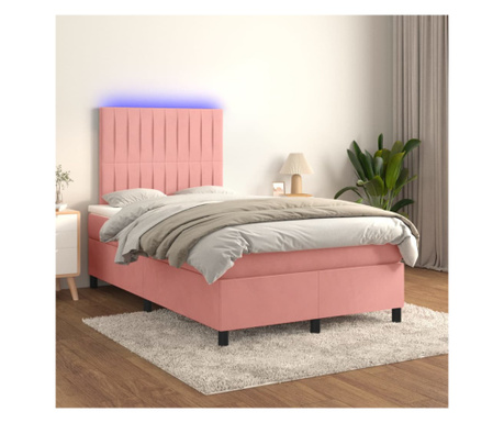 Континентално легло с матрак & LED, розово, 120х200 см, кадифе