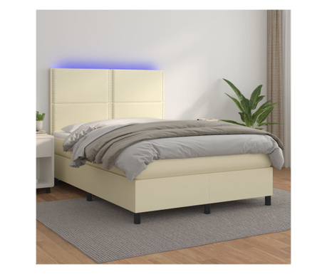 Пружинно легло, матрак и LED, крем, 140х200 см, еко кожа
