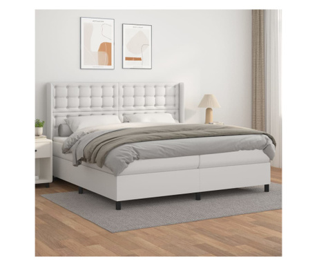 Pat box spring cu saltea, alb, 200x200 cm, piele ecologică