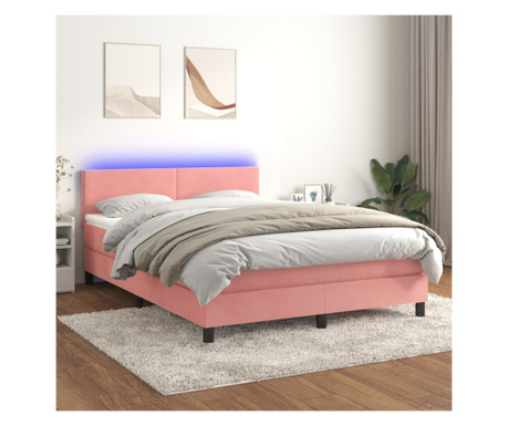 Пружинно легло с матрак и LED, розово, 140х190 см кадифе