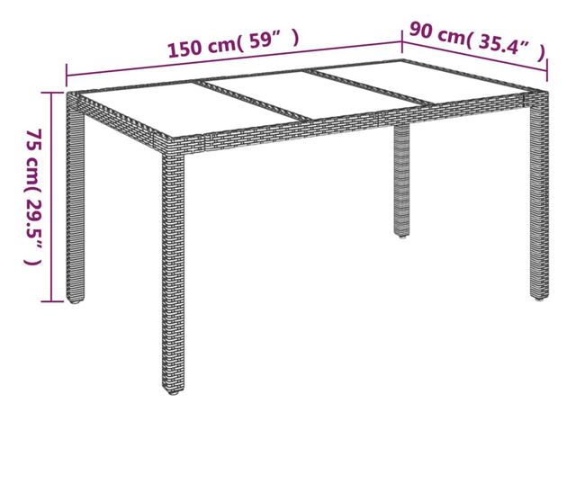 Masă grădină cu blat din sticlă, negru, 150x90x75 cm, poliratan