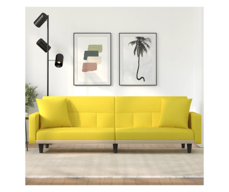 Разтегателен диван с възглавници, светло жълт, текстил