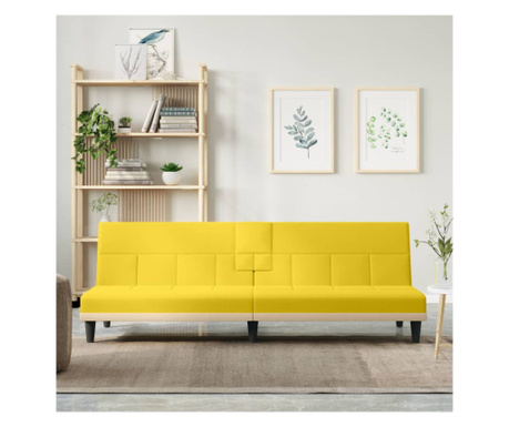 Разтегателен диван с поставки за чаши, жълт, текстил