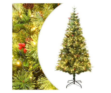 Коледна елха със светодиоди и зелени борови шишарки 150 см PVC&PE