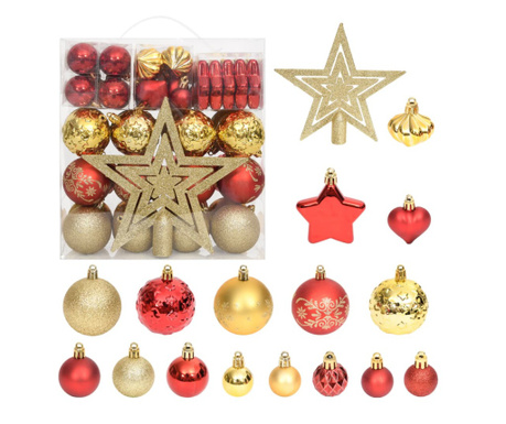 Set globuri de Crăciun, 70 piese, auriu și roșu
