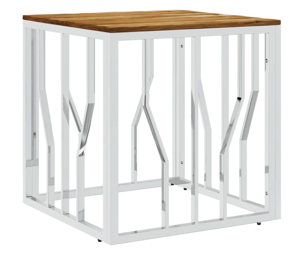 Stolić za kavu, srebrni, nehrđajući čelik i masivno drvo bagrema - 2