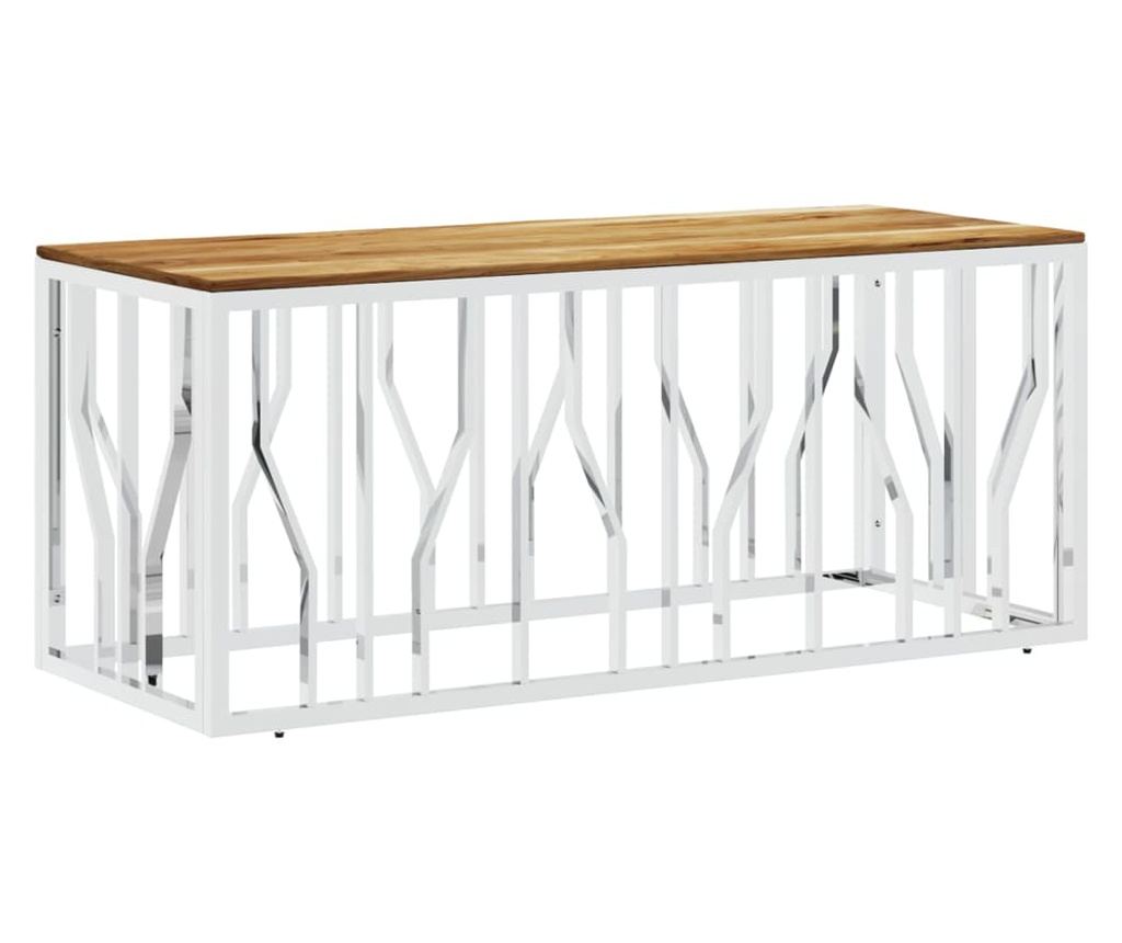 Stolić za kavu, srebrni, nehrđajući čelik i masivno drvo akacije - 2