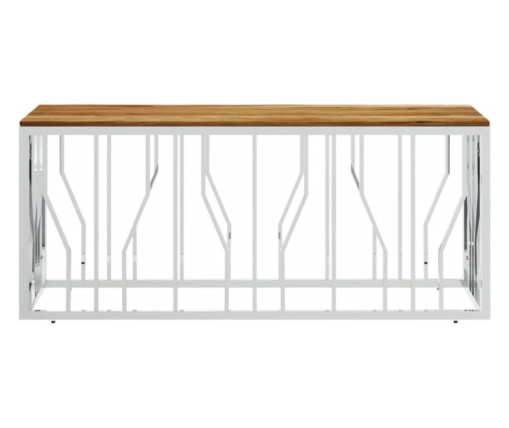 Stolić za kavu, srebrni, nehrđajući čelik i masivno drvo akacije - 3