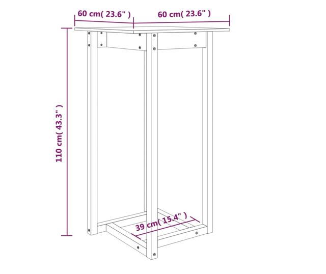 Barna miza, črna, 60x60x110 cm, masivno borovo les.