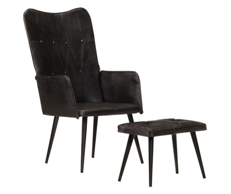 Стол с висока облегалка с табуретка, черен, естествена кожа