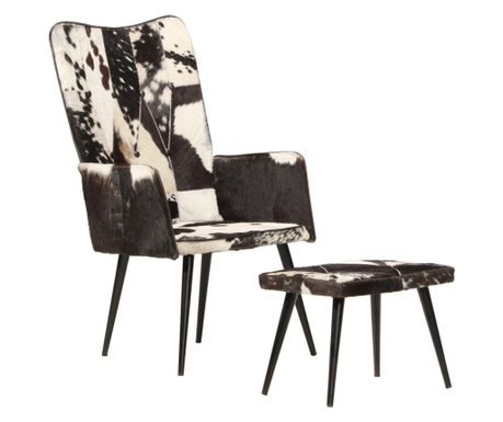 Стол с висока облегалка с табуретка, черен, естествена кожа