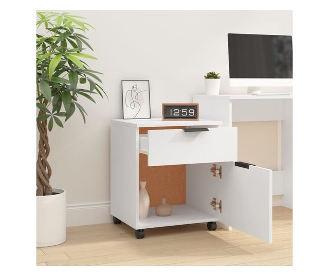Fișet mobil cu roți, alb, 45x38x54 cm, lemn prelucrat