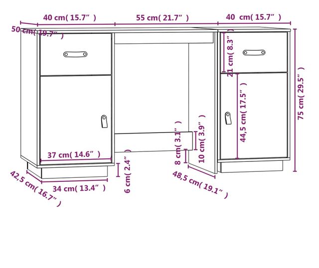 Pisarna s omaricami, siva, 135x50x75 cm, masivno borovo les.