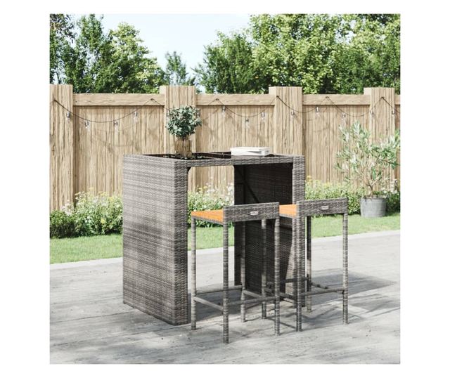 Barski stoli, 2 kosa, sivi, poli ratan in trden akacijev les