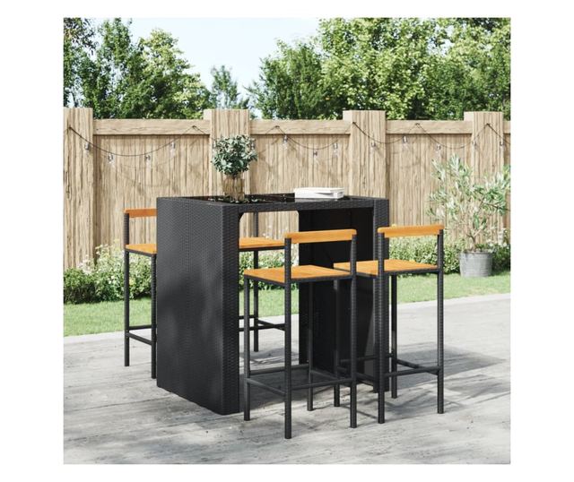 Barski stoli, 4 kosi, črni, poli ratan in trden akacijev les