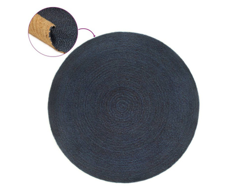Двулицев тъмносин / естествен плетен килим 150 см кръг от юта