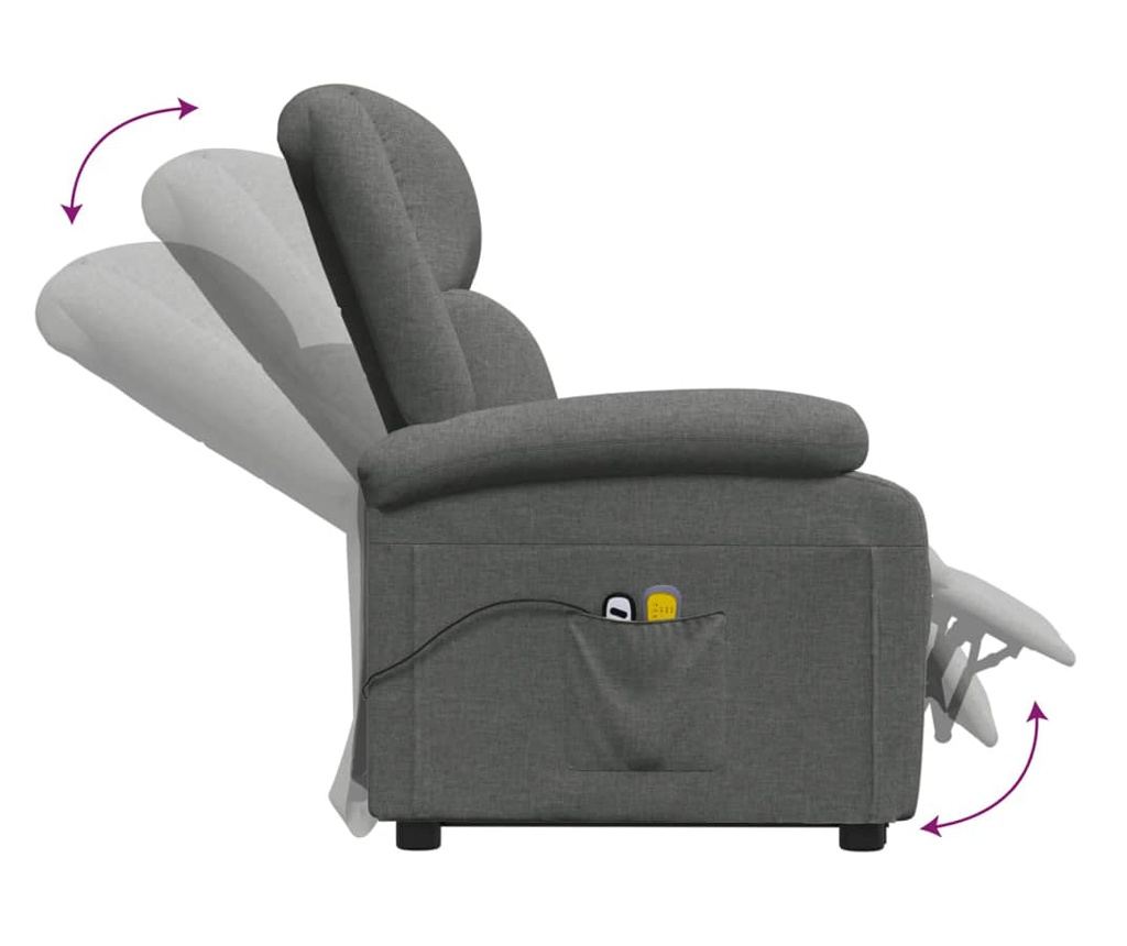 Masazni fotelj z nagibom in dvigom, temno siva, tekstil - 7