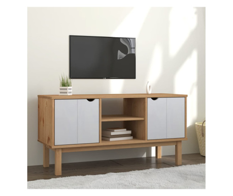 Comodă TV, maro și alb, 113,5x43x57 cm, lemn masiv de pin