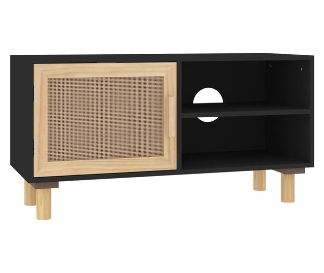 Comodă TV, negru, 80x30x40 cm, lemn masiv pin și ratan natural